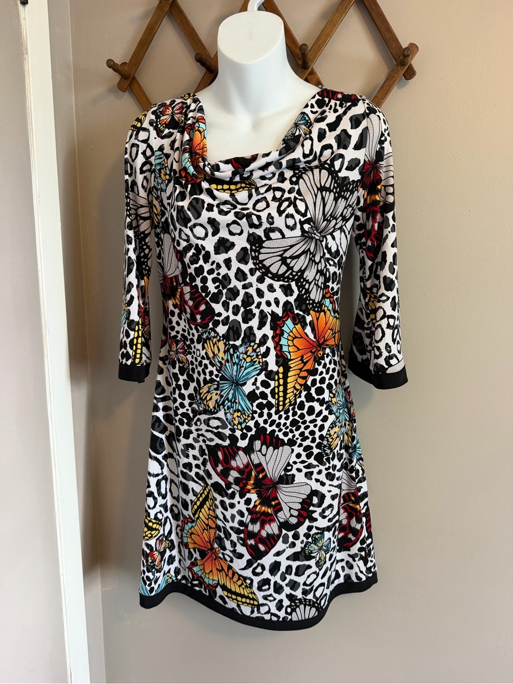 Joseph Ribkoff Butterfly Leopard Cowl Neck Dress Black Multi 6